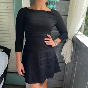 ERIN black 3/4 sleeve stretch dress with mesh stripe details